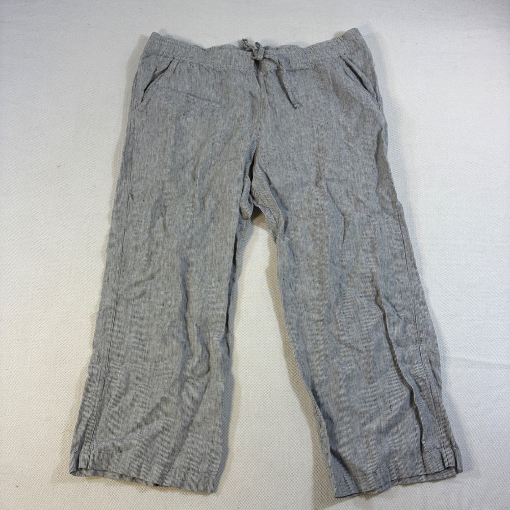 allen allen Women's XL 100% Linen Striped Wide Leg Cropped Pants Capri